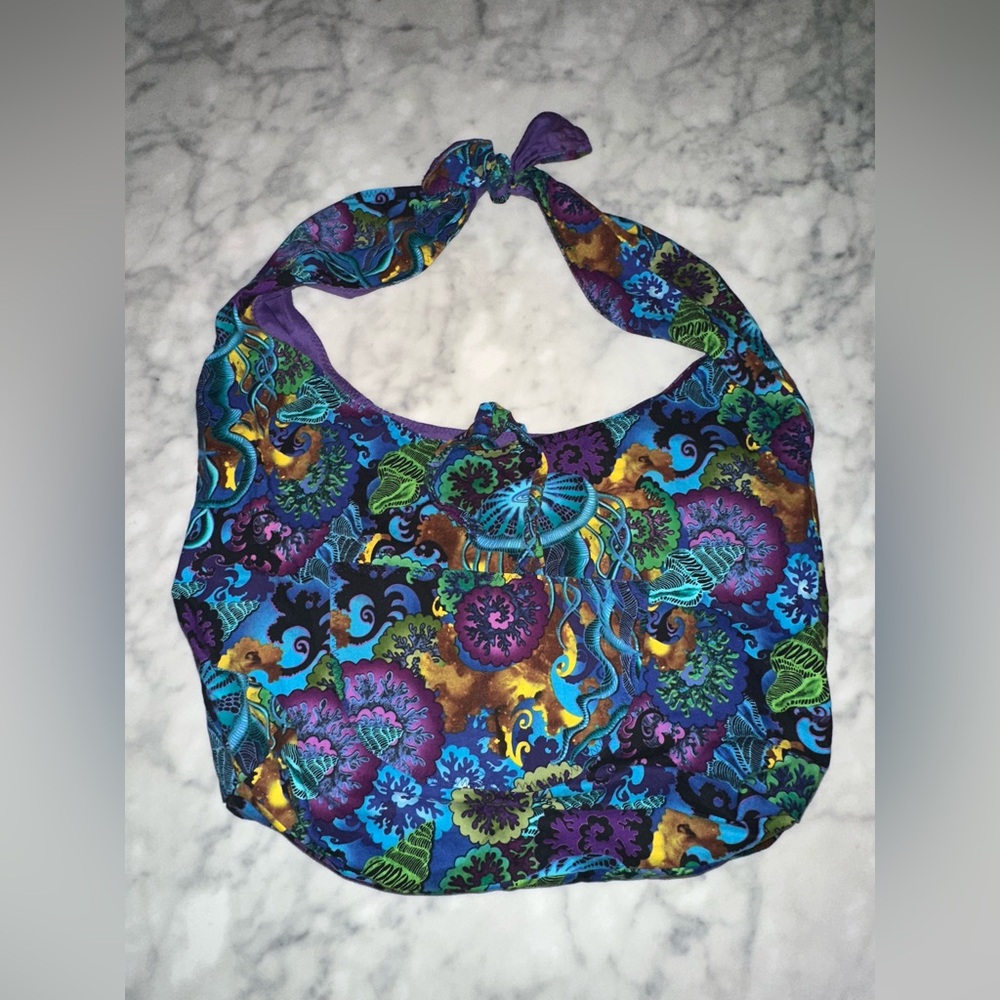 Handmade reversible Abstract Sea creatures Hobo Bag - Blue Purple Teal Accents